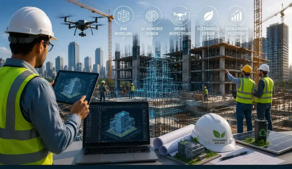 Future of structural engineering with BIM, AI, drone inspections, and sustainable construction technologies