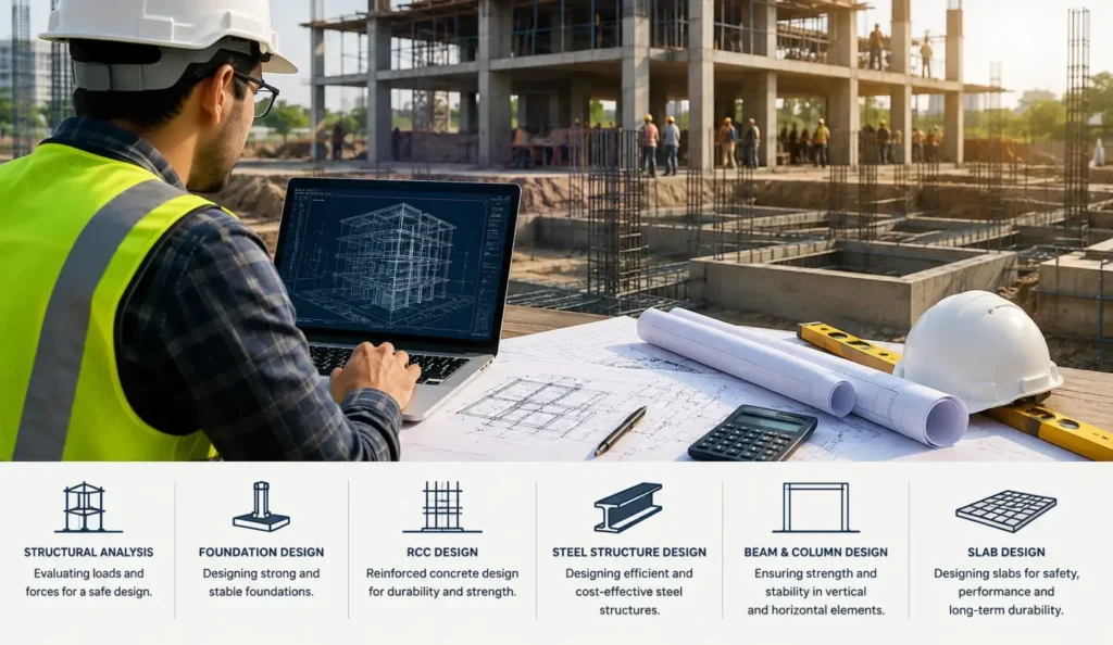 Structural Engineering Services showing structural analysis, foundation design, and building framework